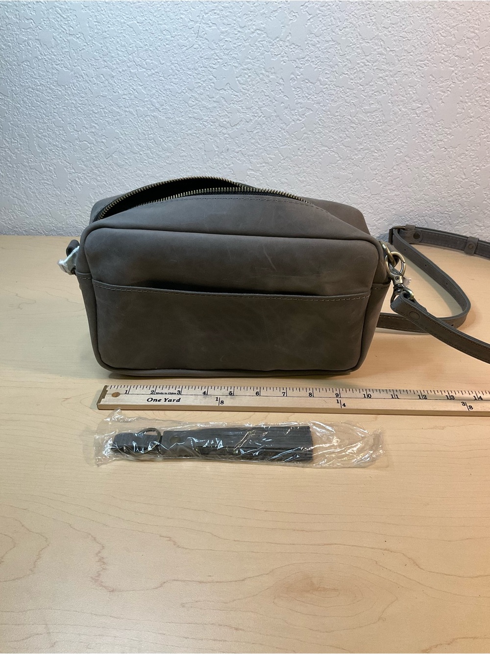 Genuine Leather Gray Crossbody Purse Adjustable Strap + Tassel